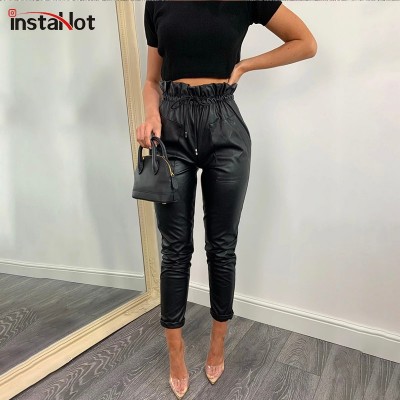 InstaHot Faux Leather High Waist Pencil Pants Capris Women Bottom Sash Streetwear Casual Pants 2019 Autumn Chic Black Trousers